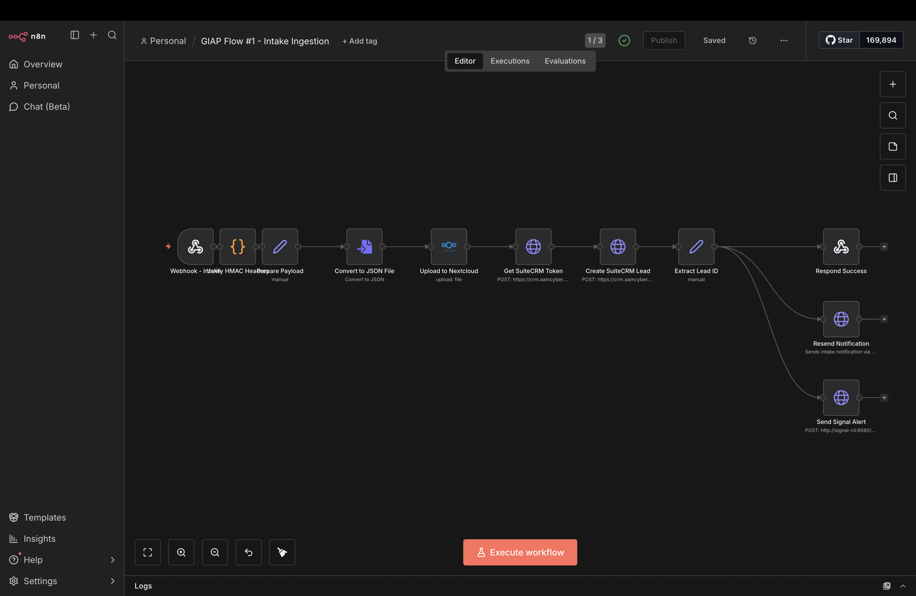 n8n Flow #1 - Intake Ingestion workflow canvas